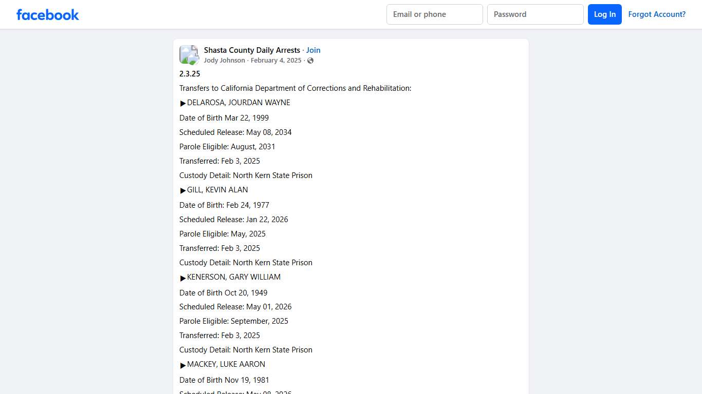 Shasta County Daily Arrests | **2.3.25** | Facebook